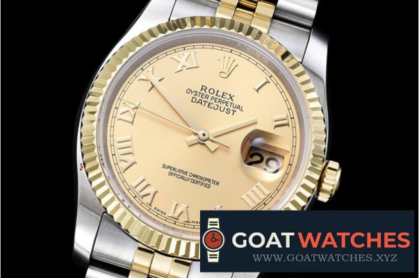 Rolex - DJ 36mm Jub Flt YG/SS Gold Roman BP A3135 Mod