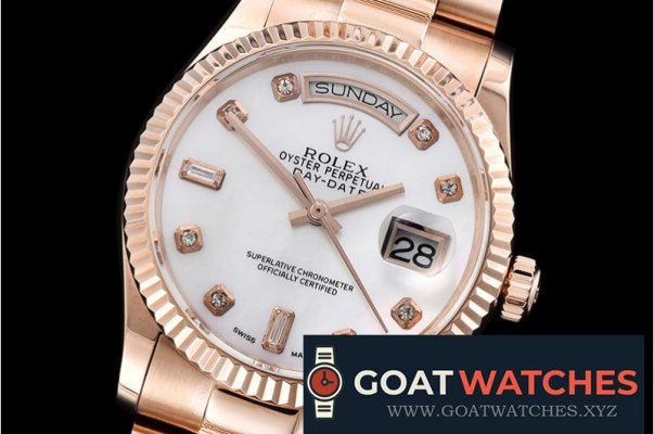 Rolex - DayDate 36mm Flt RG/RG Wrap Wht MOP Diam BP Swiss 2836