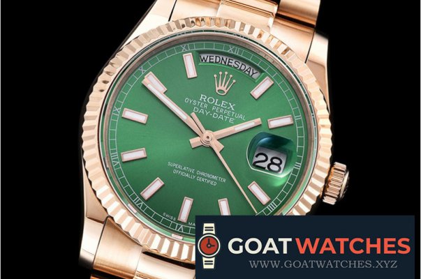 Rolex - DayDate 36mm Flt RG/RG Green Thick Stk BP Swiss 2836