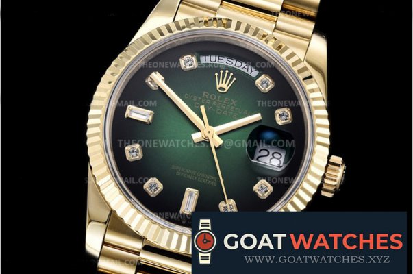 Rolex - DayDate 36mm Flt YG/YG Green Diam BP Swiss 2836