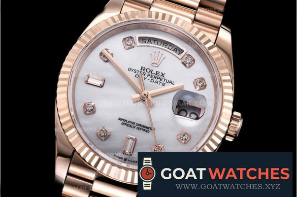 Rolex - DayDate 36mm Flt Pres RG/RG Wht MOP Diam EWF A3255 Mo