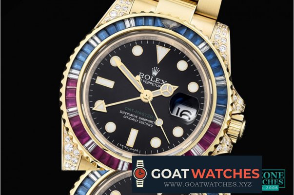 Rolex - GMT II Red/Blue Rubies YG/YG Blk BP A3186 Mod