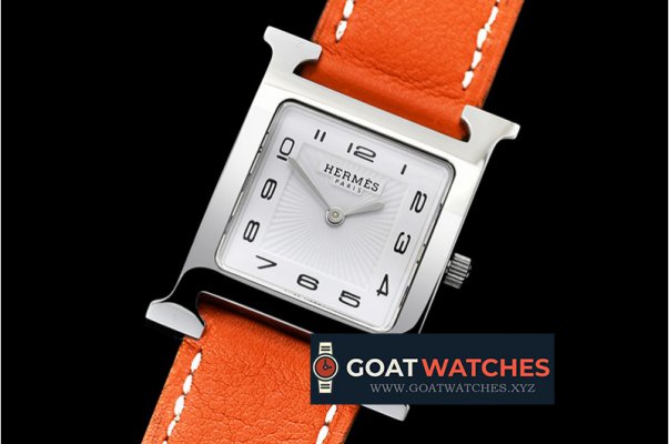 Hermes - Hermes H-OUR Ladies SS/LE Orange White Num MKF Swiss Qtz