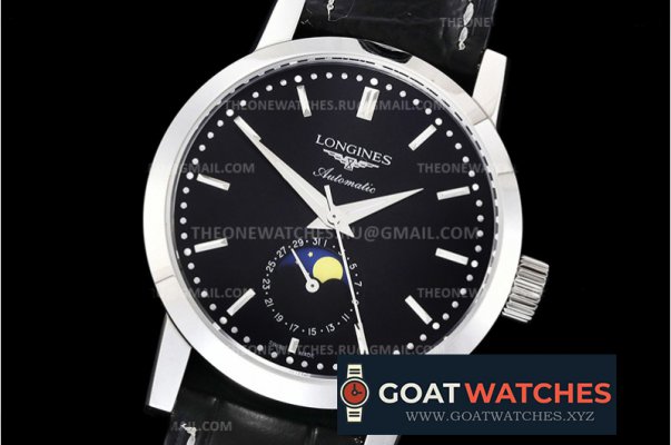 Longines - Longines 1832 Moon Phase Blk SS/LE Black ACF A899