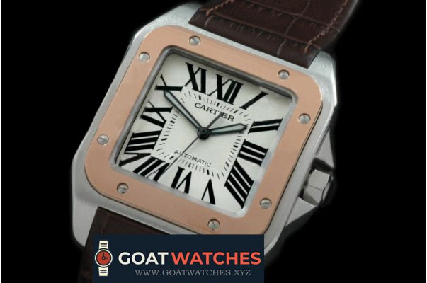 Cartier - Santos 100 Men RG/TT/LE White Swiss Eta 2824 Ult Ver Brown Leather